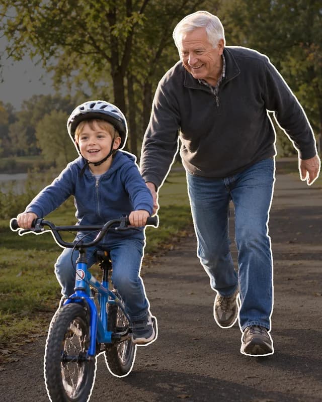 A smiling grandfather jogs behind a small boy on a blue bike, one hand at the boy's back, along a park path under autumn trees. A thin white line traces around the two of them and the bike, marking where the glass will be cut; everything outside it is dimmed.